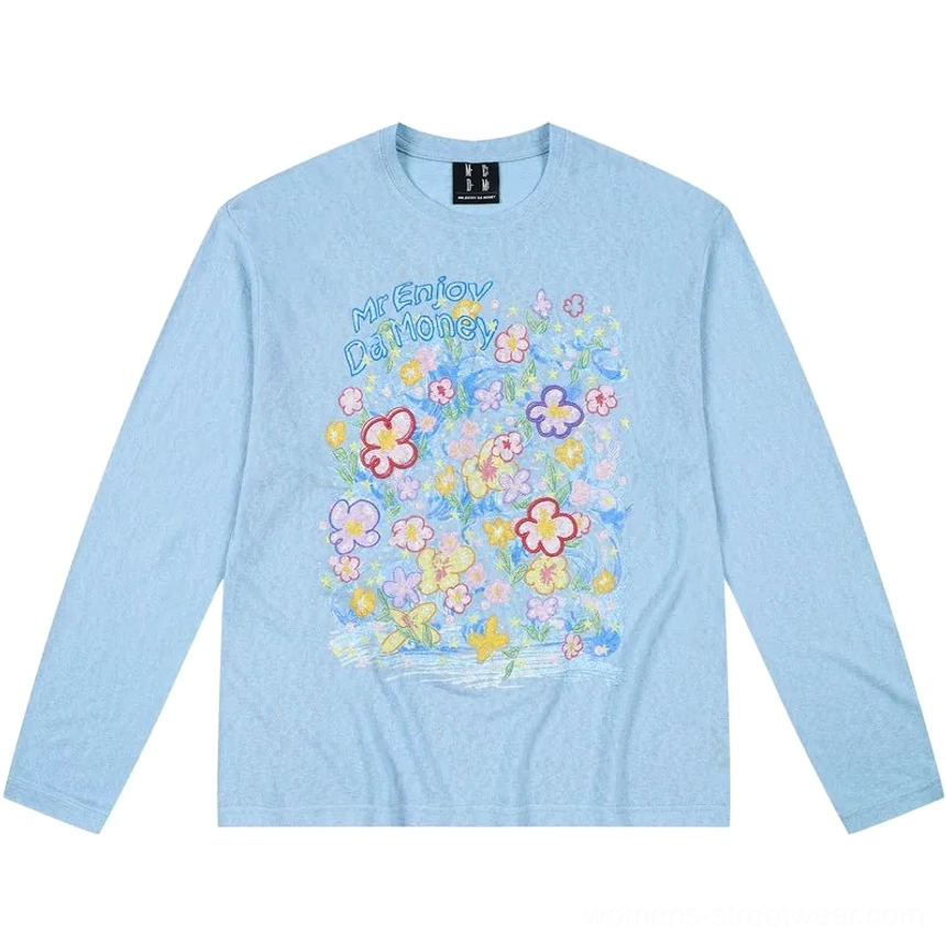 Blue Dream Garden floral graphic long sleeve streetwear tee product color view