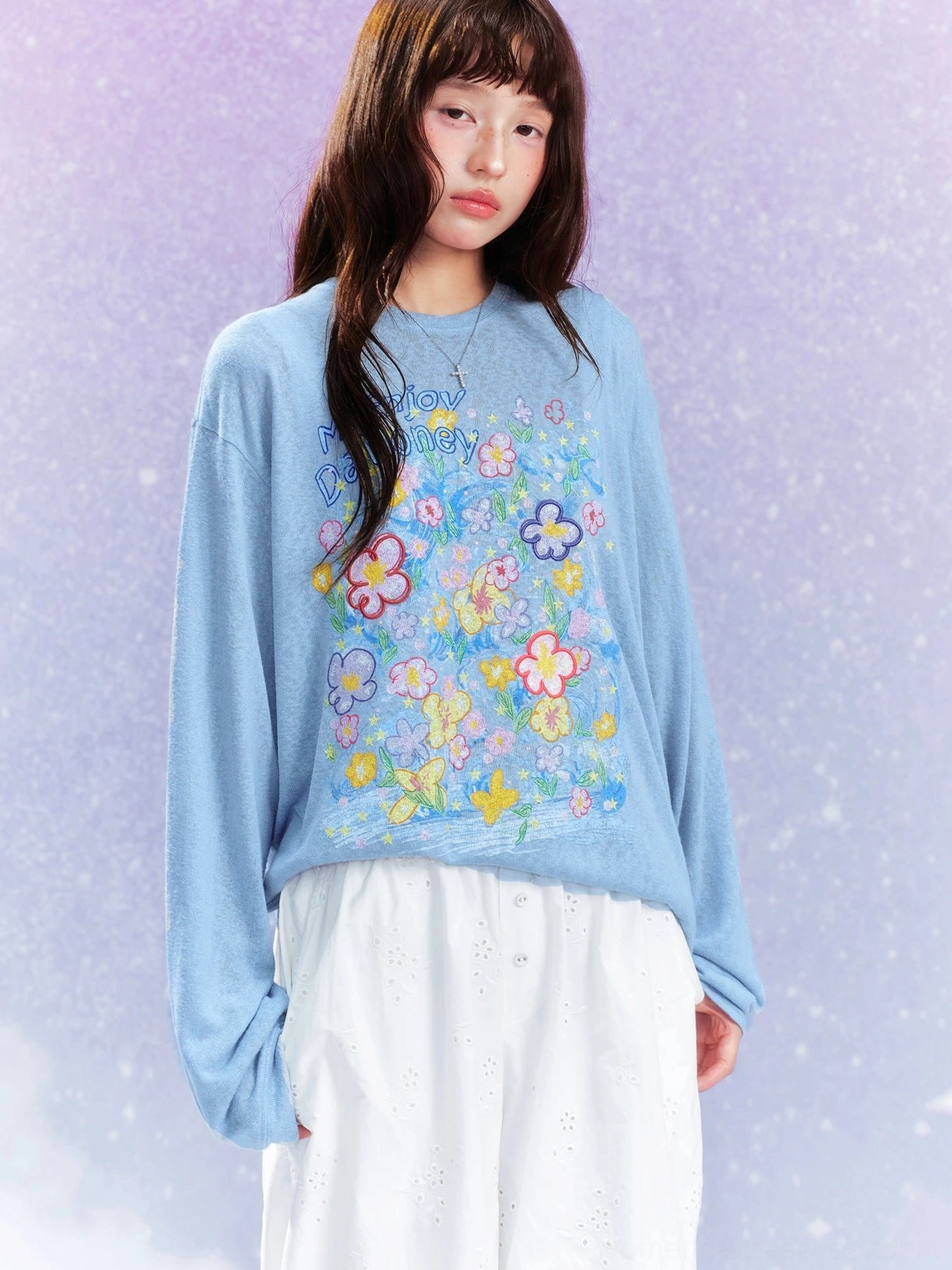 Blue Dream Garden floral graphic long sleeve streetwear tee styled with white wide leg pants