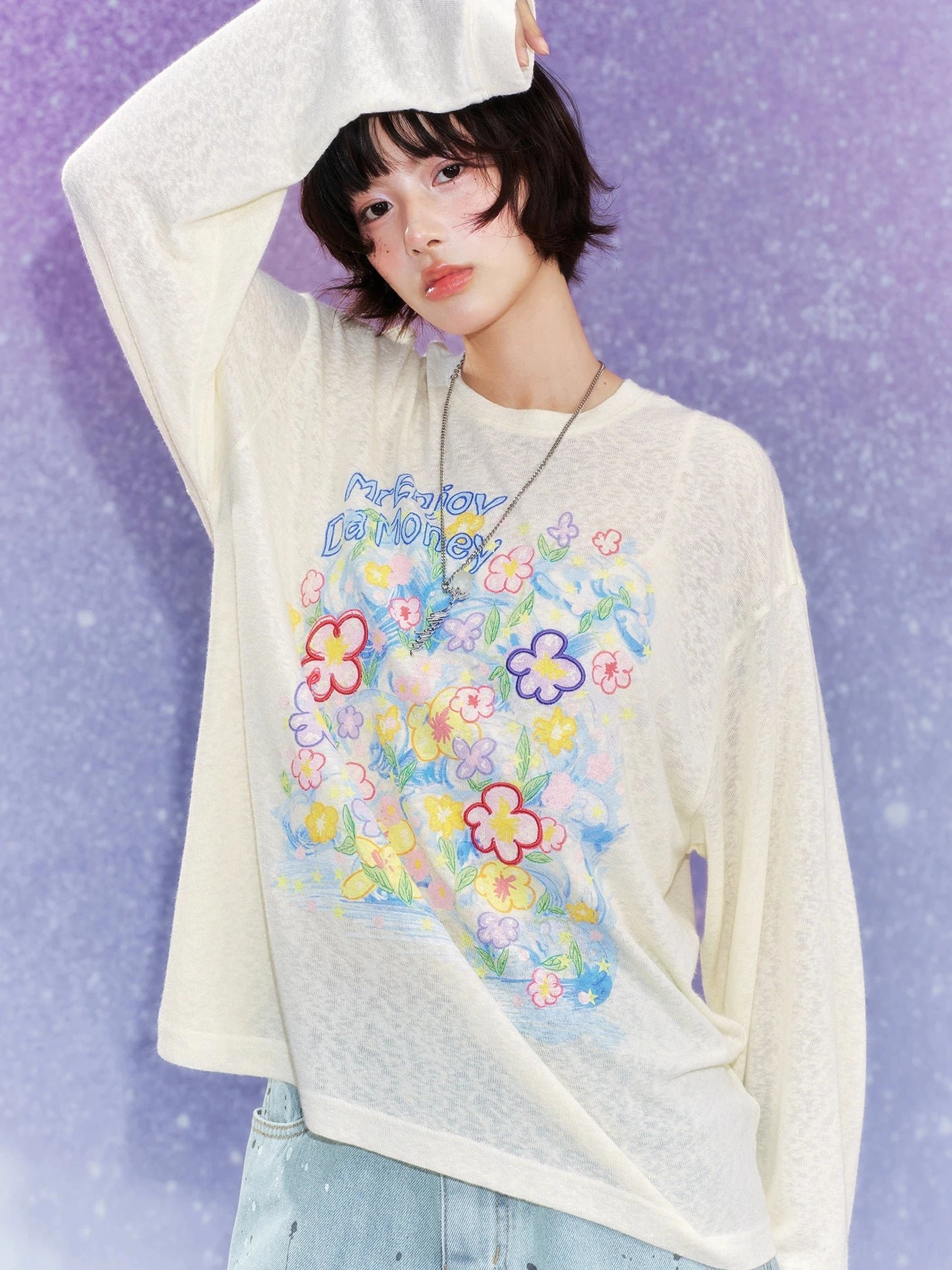Cream Dream Garden floral graphic long sleeve streetwear tee on model with colorful flower print