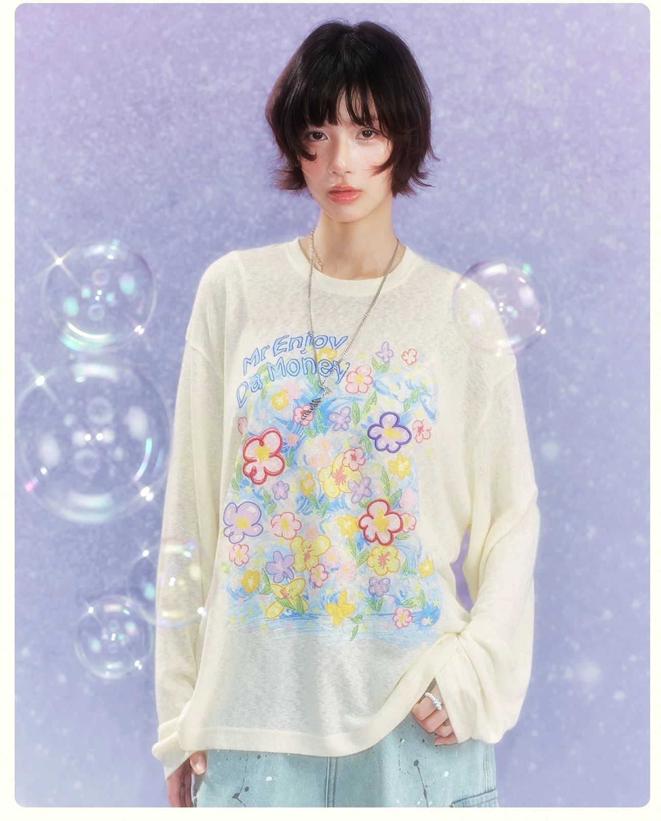 Dream Garden floral graphic long sleeve streetwear tee colorful flower print close up