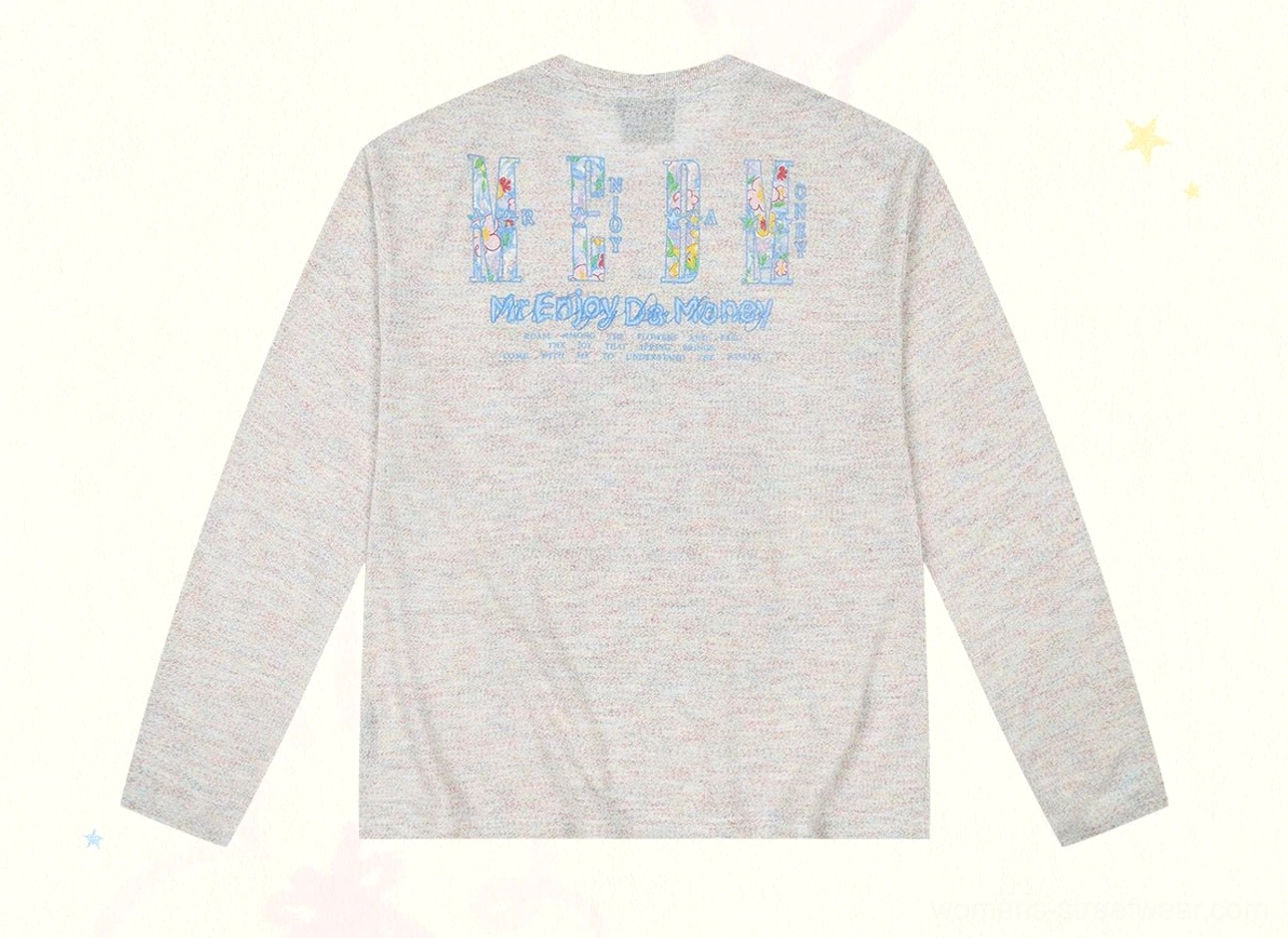 Heather gray Dream Garden floral graphic long sleeve streetwear tee back view with typographic detail