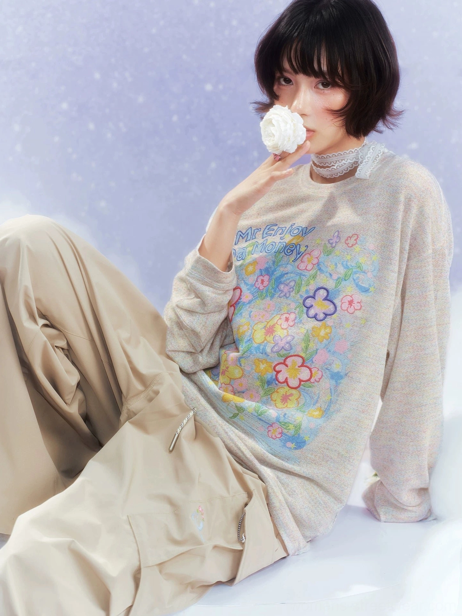 Heather gray Dream Garden floral graphic long sleeve tee in relaxed Y2K streetwear styling