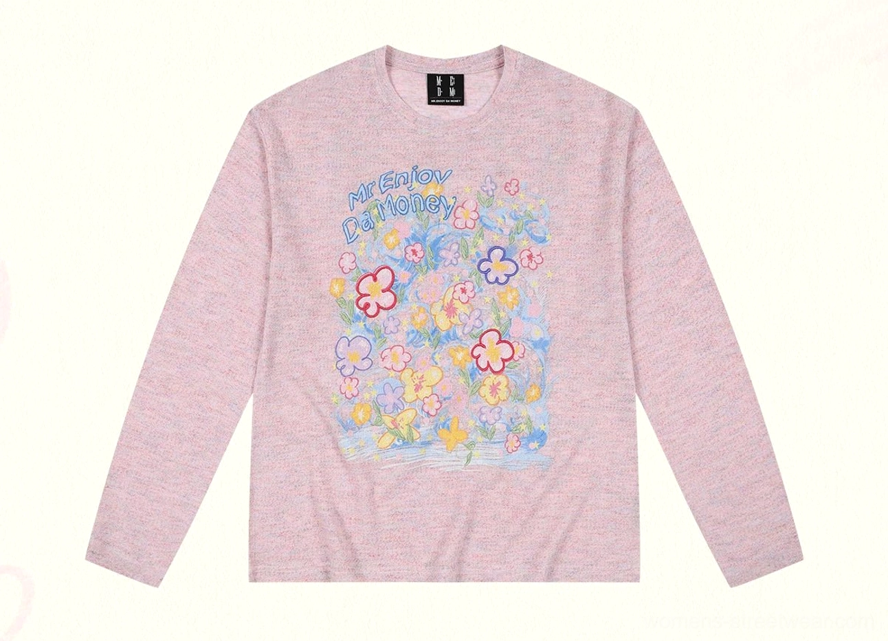 Pink Dream Garden floral graphic long sleeve streetwear tee front product view