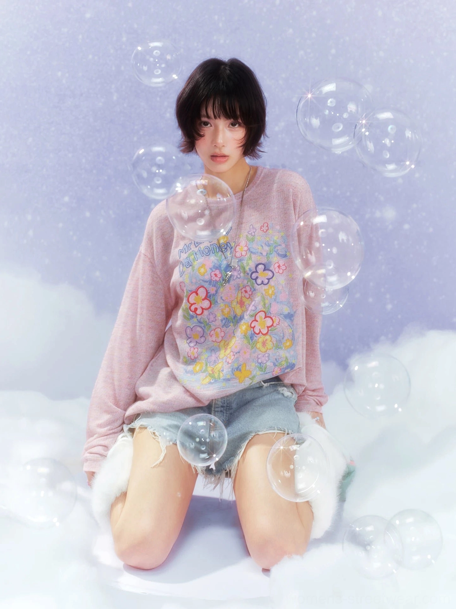 Pink Dream Garden floral graphic long sleeve streetwear tee with colorful front flower artwork
