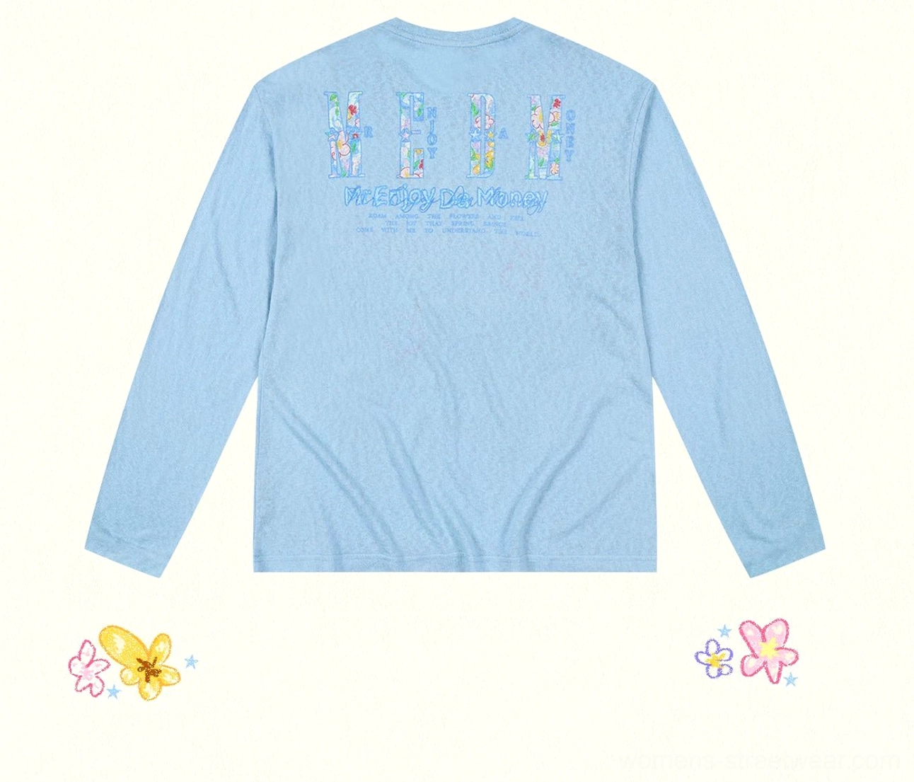 Dream Garden floral graphic long sleeve streetwear tee relaxed crewneck fit detail