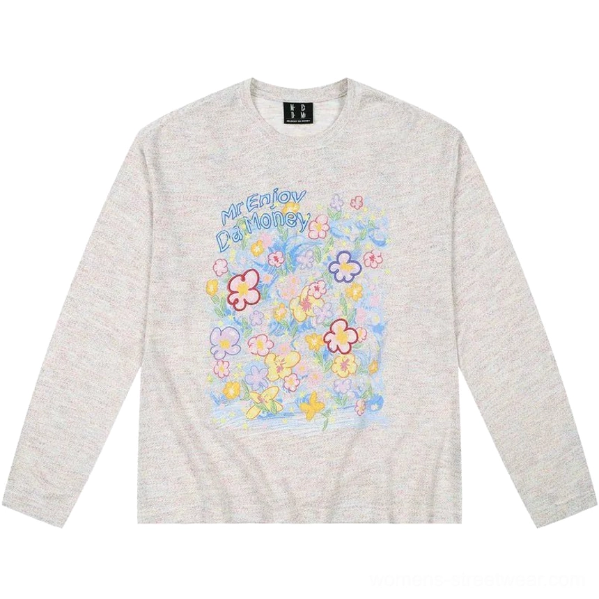 White Dream Garden floral graphic long sleeve streetwear tee product color view