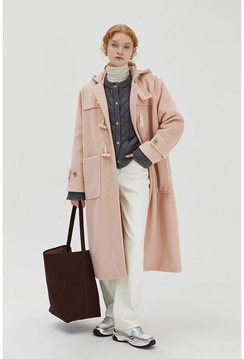 Duffle coat collar and shoulder area detail showing construction quality and fit