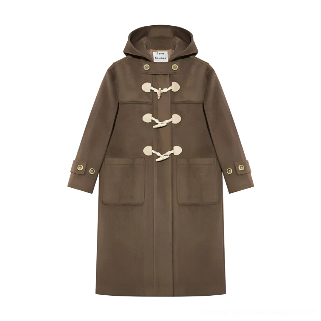 Duffle coat collection showing all color options black brown cream off-white available