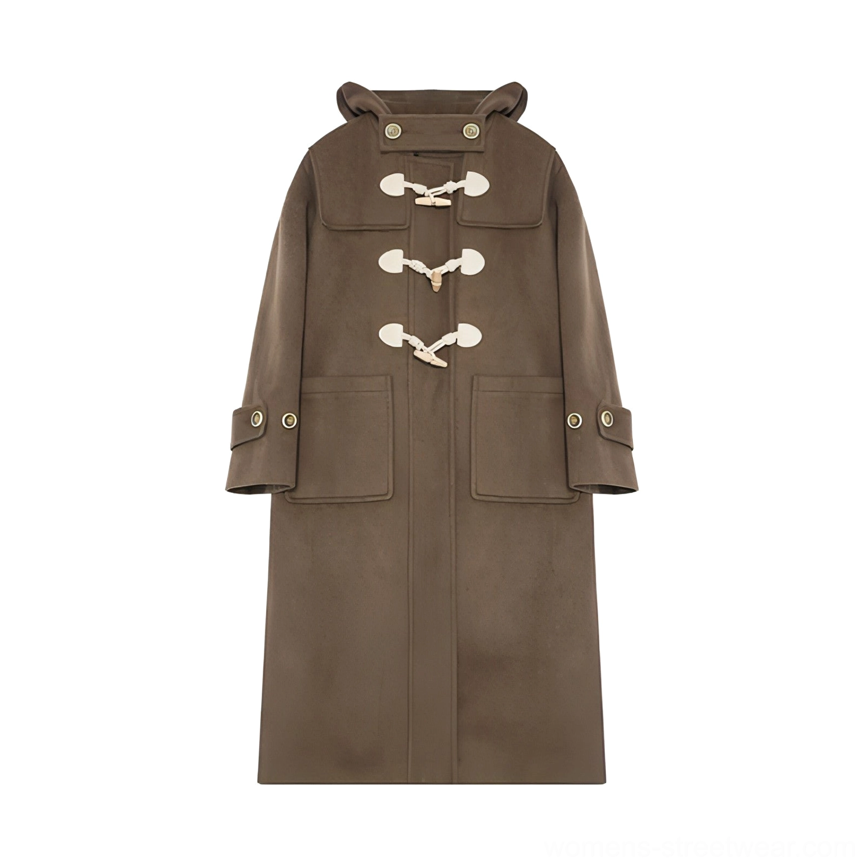 Dark brown duffle coat flat lay front view horn toggle fasteners patch pockets hood strap buttoned