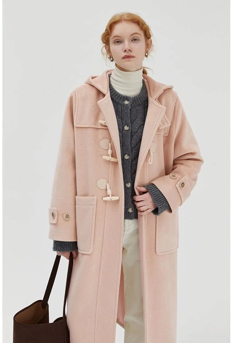 Wool duffle coat paired with preppy college style outfit model wearing complementary pieces