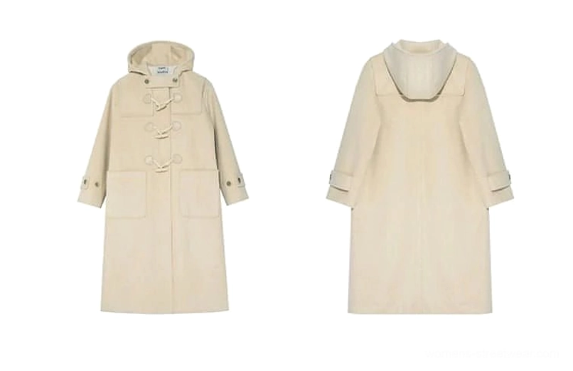 Duffle coat proportions and measurements detail showing fit on model with specified dimensions