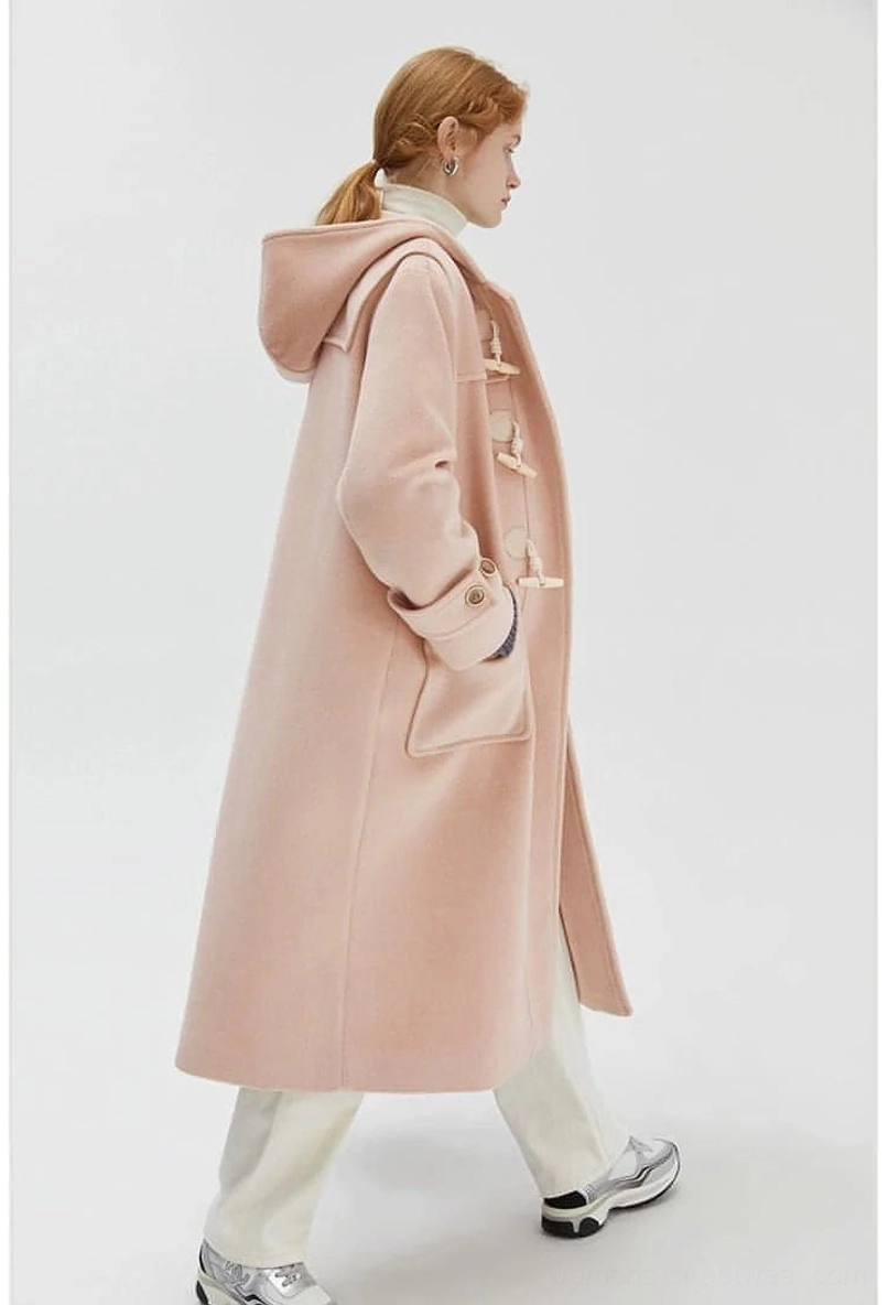 Model wearing duffle coat demonstrating comfortable relaxed fit and shift silhouette styling