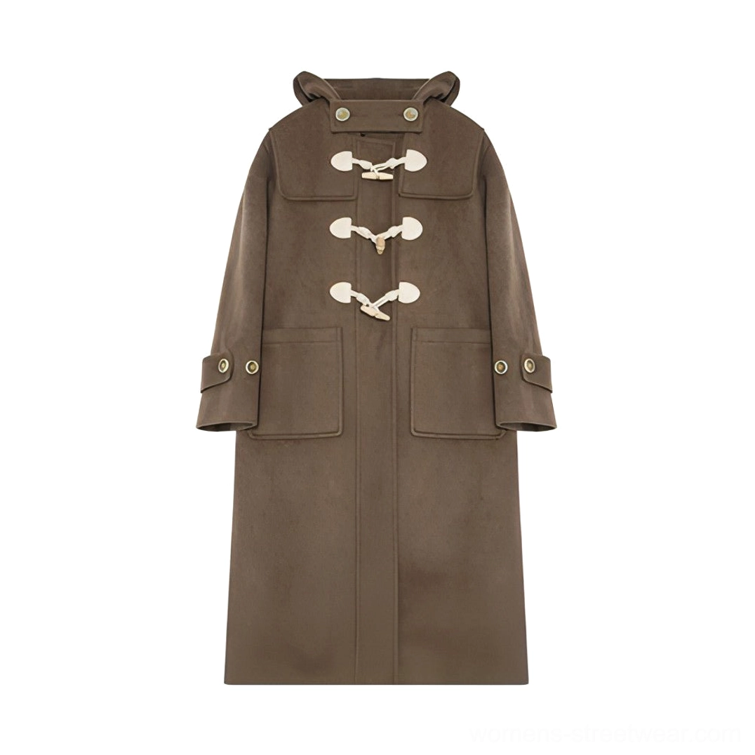Duffle coat styled with Y2K fashion aesthetic model wearing contemporary streetwear ensemble