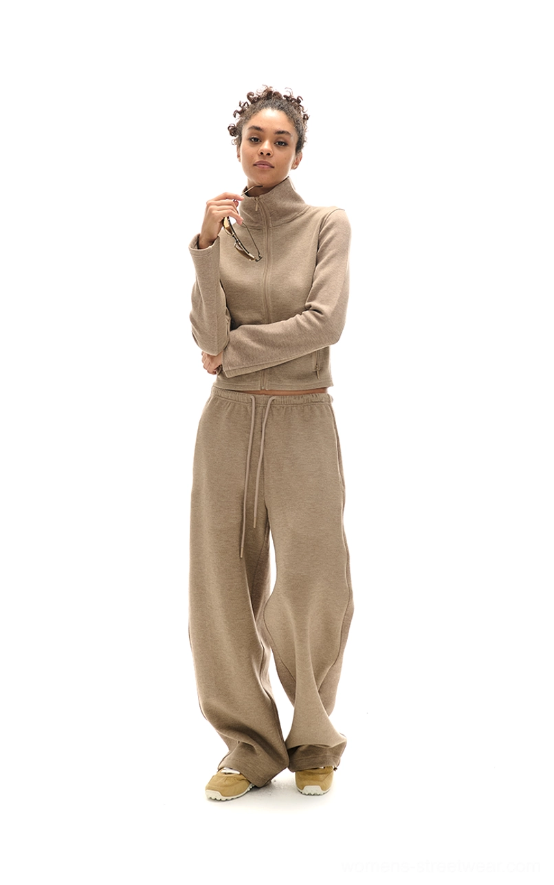 Dune color cropped high collar sweatshirt and matching sweatpants variation for women's streetwear