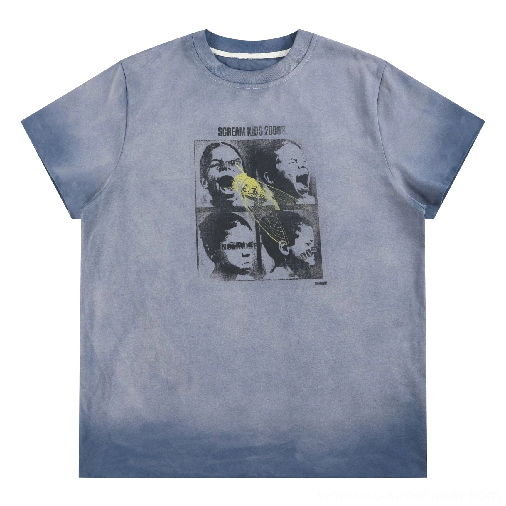 Flat lay front view of the dusty blue Scream Kids washed gradient graphic tee with crew neck rolled sleeves and distressed collage print