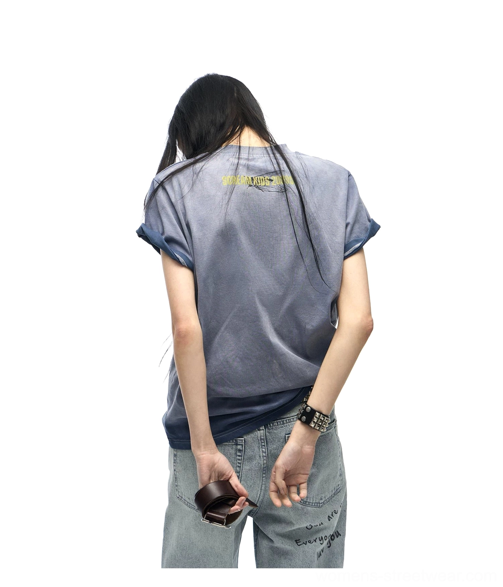 Back view of a dusty blue Scream Kids washed gradient graphic tee with subtle back text styling and rolled short sleeves