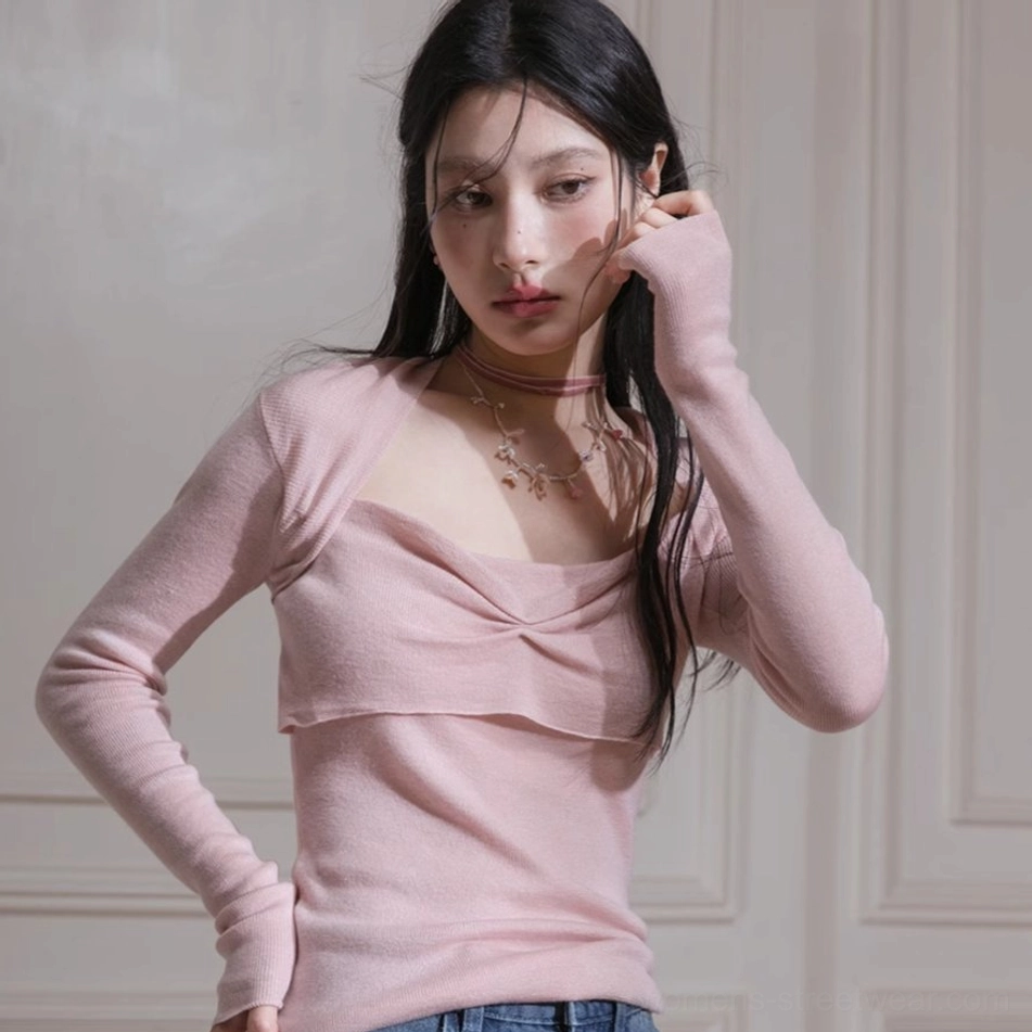 Dusty blush pink ribbed knit top designed for Acubi inspired layering and Seoul streetwear outfits