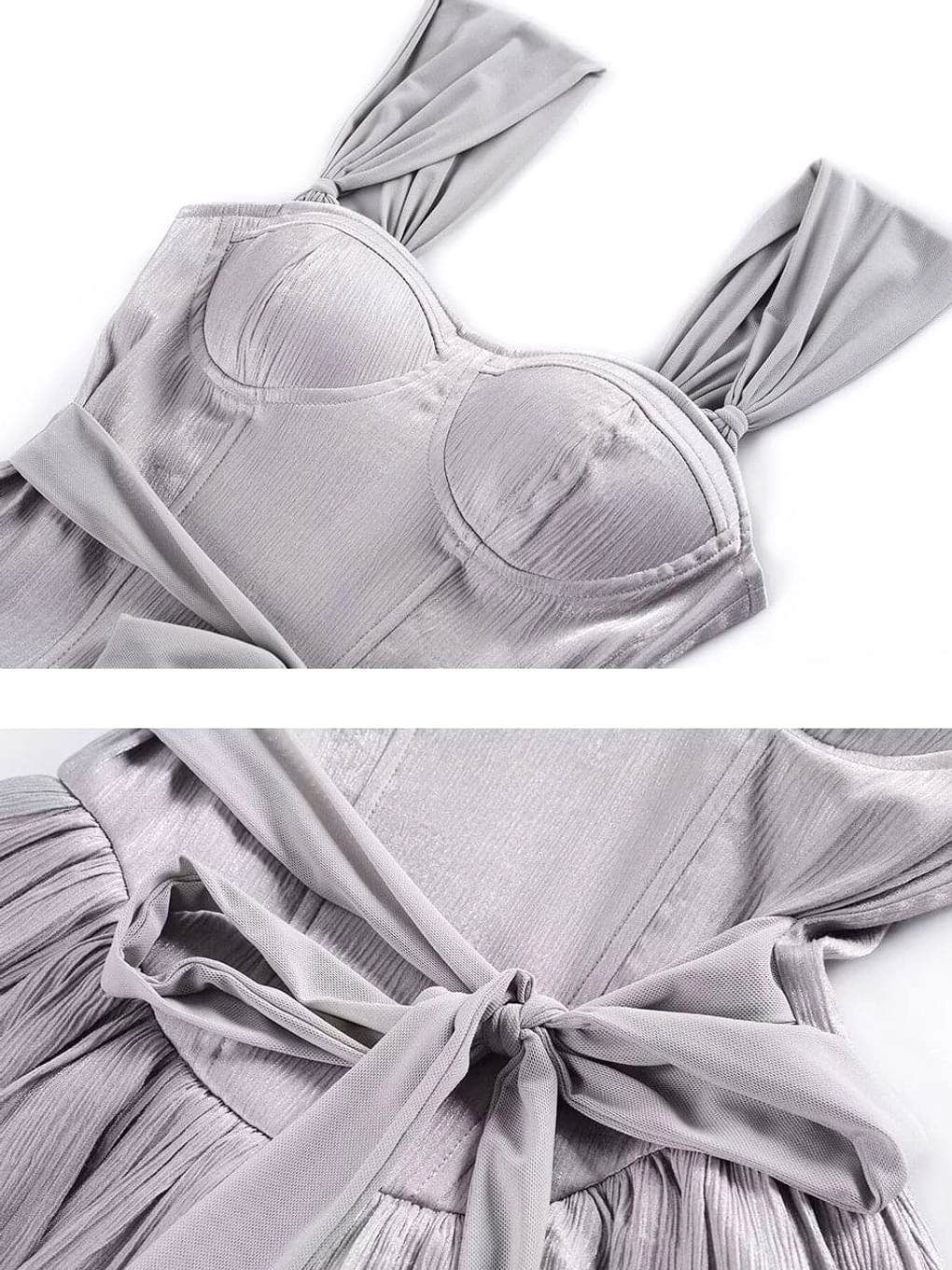 Close-up detail of dusty gray corset bodice with twisted cap sleeves and structured underwire bust cups