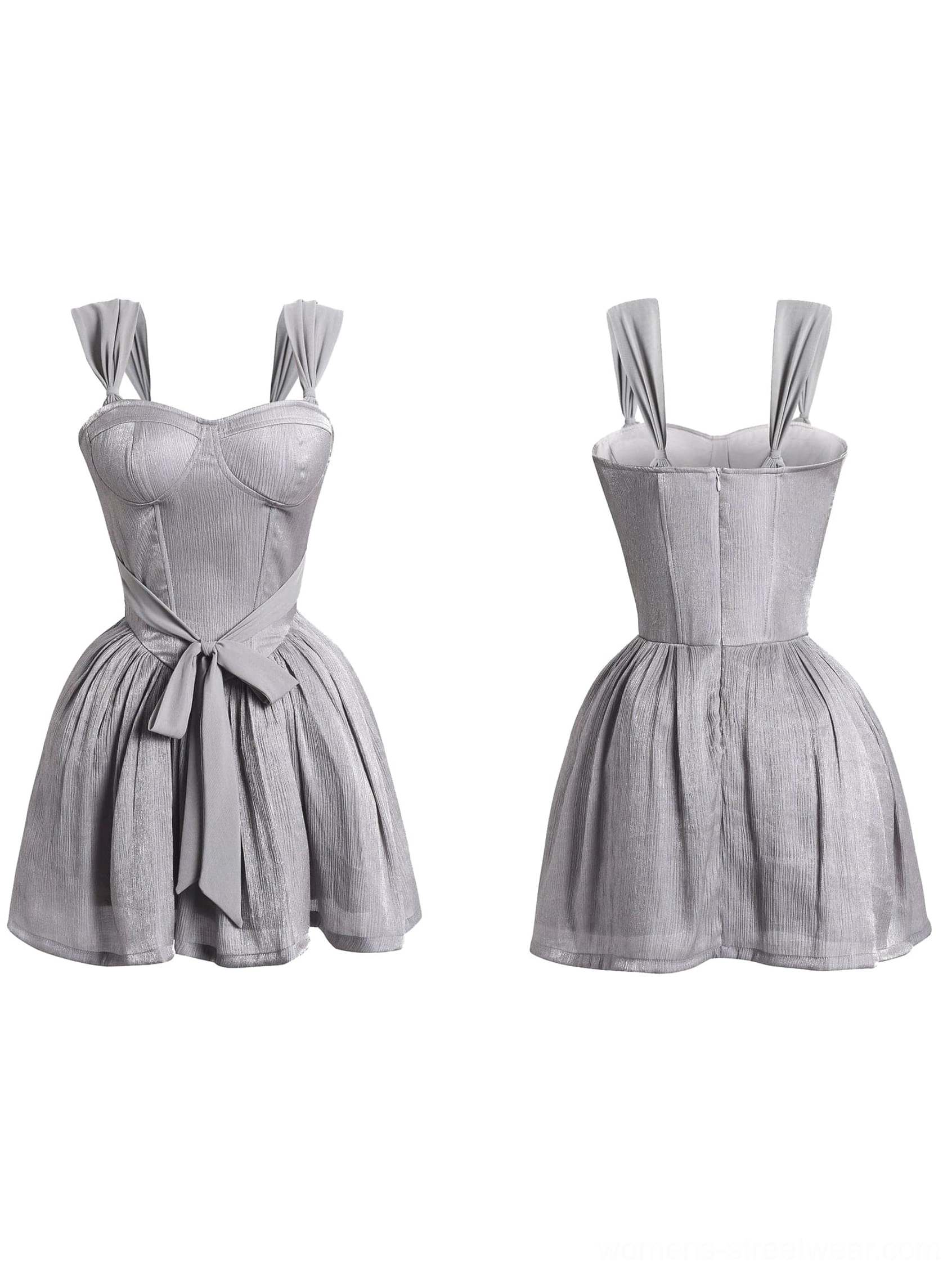 Dusty gray corset tutu mini dress product image showing the sweetheart bodice, cap sleeves, waist bow, and flared skirt
