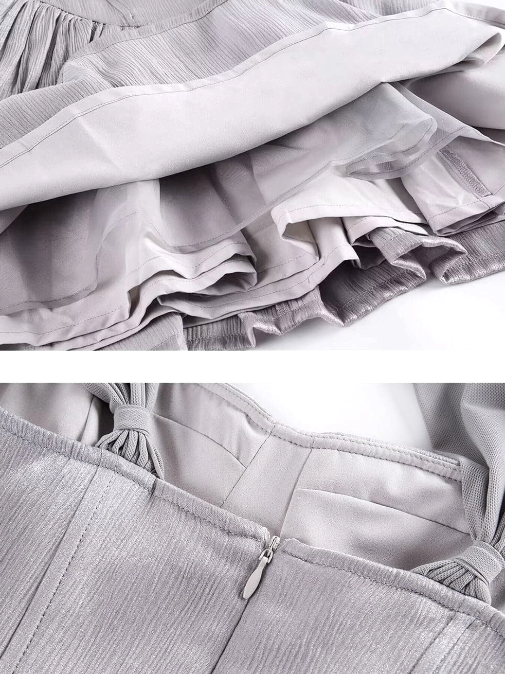 Close-up of the dusty gray waist bow and gathered pleated skirt on a corset tutu mini dress