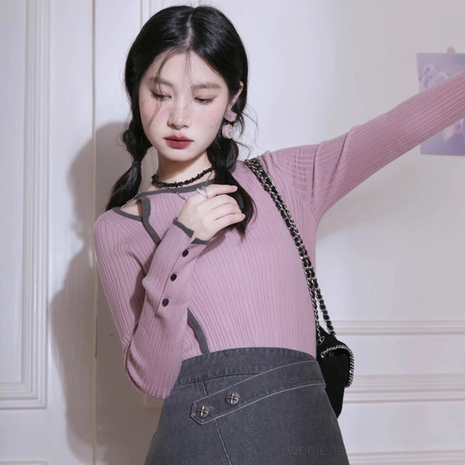 Dusty pink long sleeve ribbed knit shirt with charcoal gray trim and shoulder cutout detail