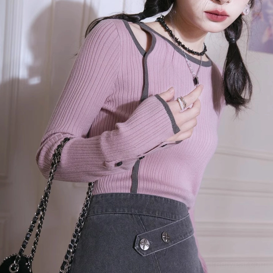 Dusty pink contrast trim ribbed knit top slim fit silhouette product detail view