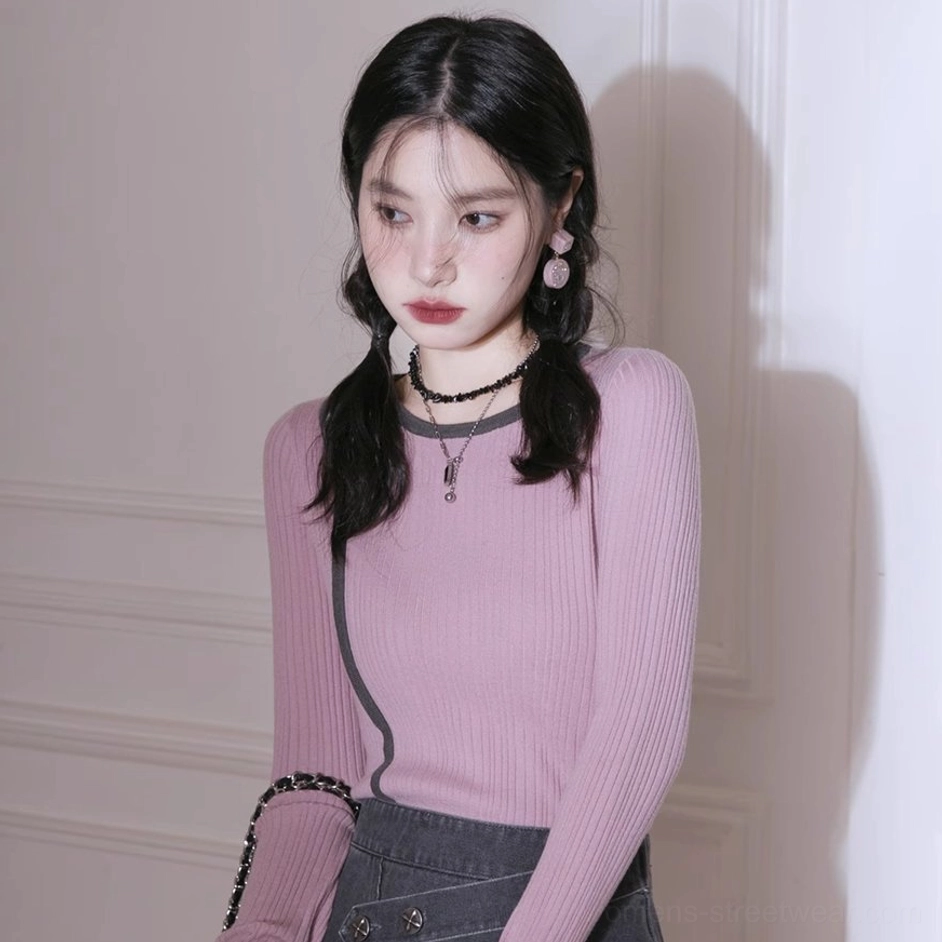 Dusty pink cutout shoulder ribbed knit top with dark gray contrast trim alternate product view
