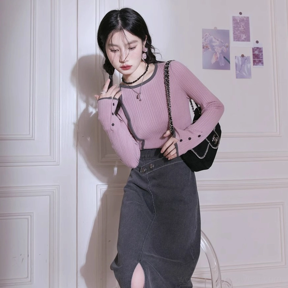 Dusty pink fitted ribbed knit top with contrast cuffs and neckline streetwear product view