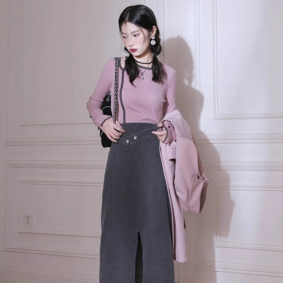 Dusty pink slim fit ribbed knit top paired with a high waisted dark gray denim midi skirt