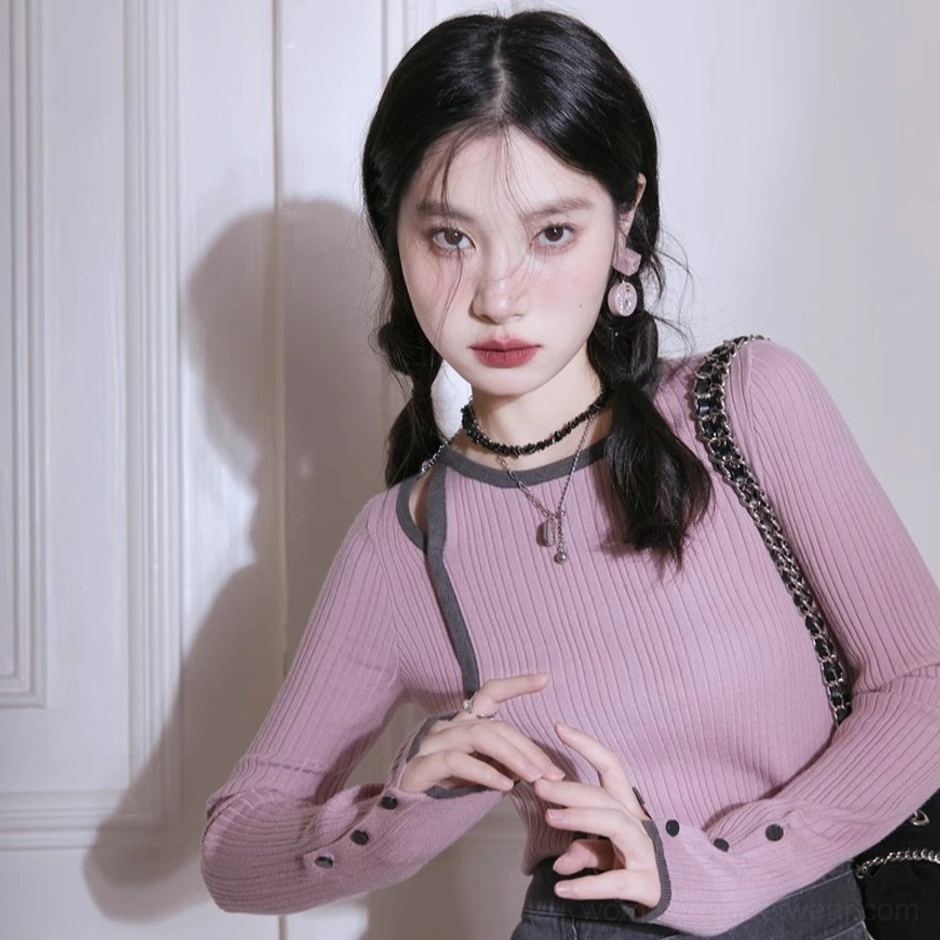 Dusty pink cutout shoulder ribbed knit top with dark gray contrast trim main product image