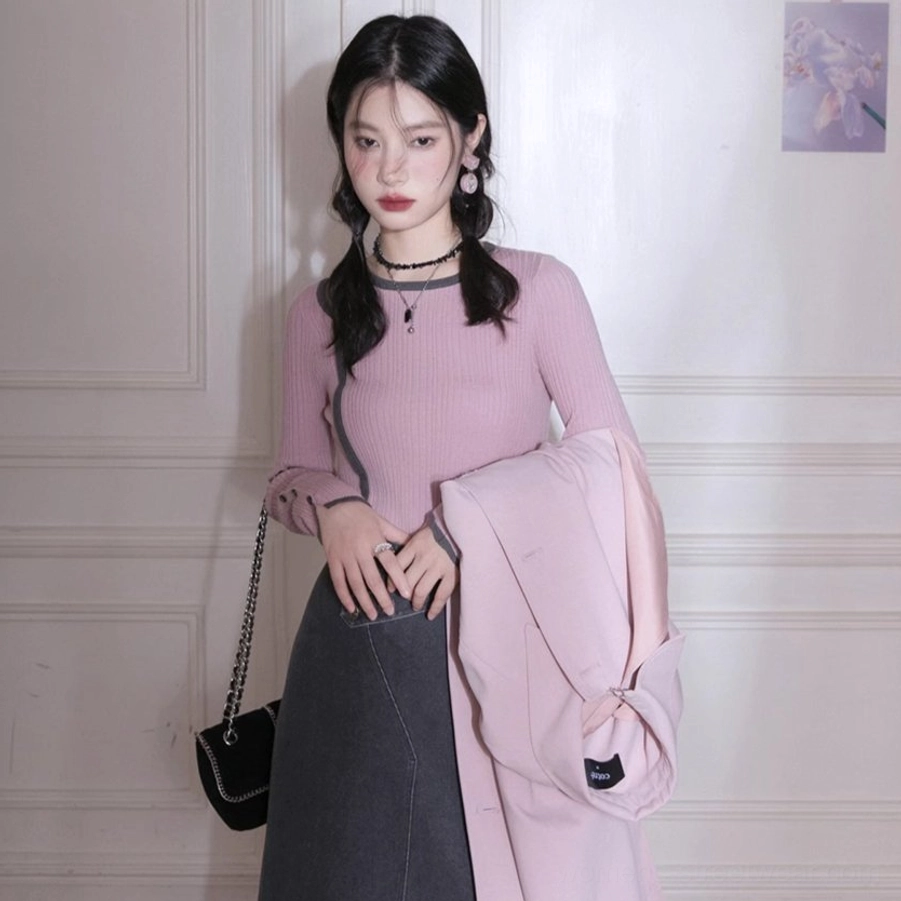 Dusty pink contrast trim ribbed knit top with gray skirt pink outerwear and black chain bag