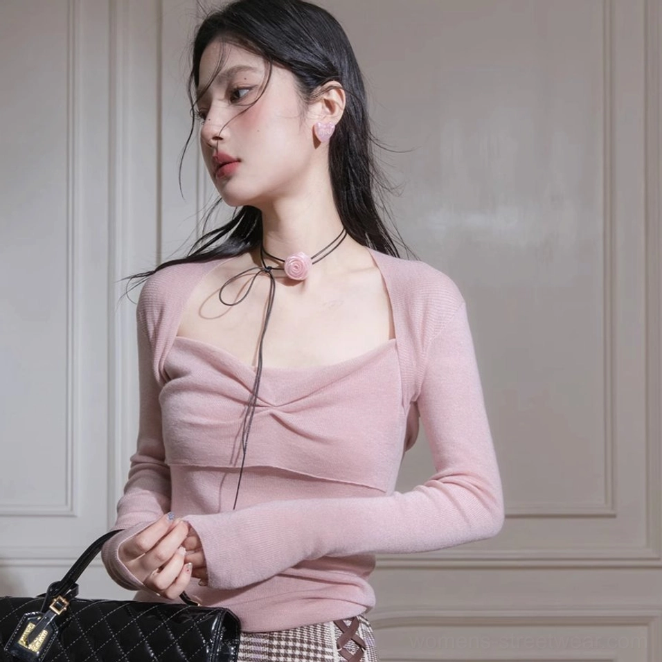 Dusty pink Korean streetwear knit top featuring a twist front bust design and matching rose tie choker