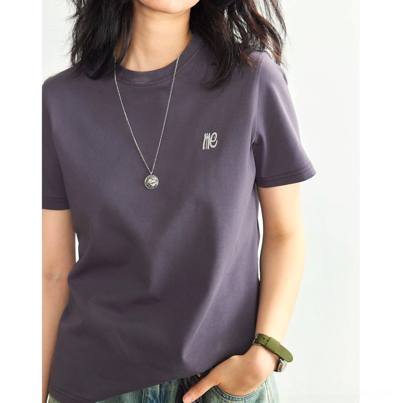 Dusty pink minimalist embroidered logo crew neck t-shirt polished intention everyday ease aesthetic