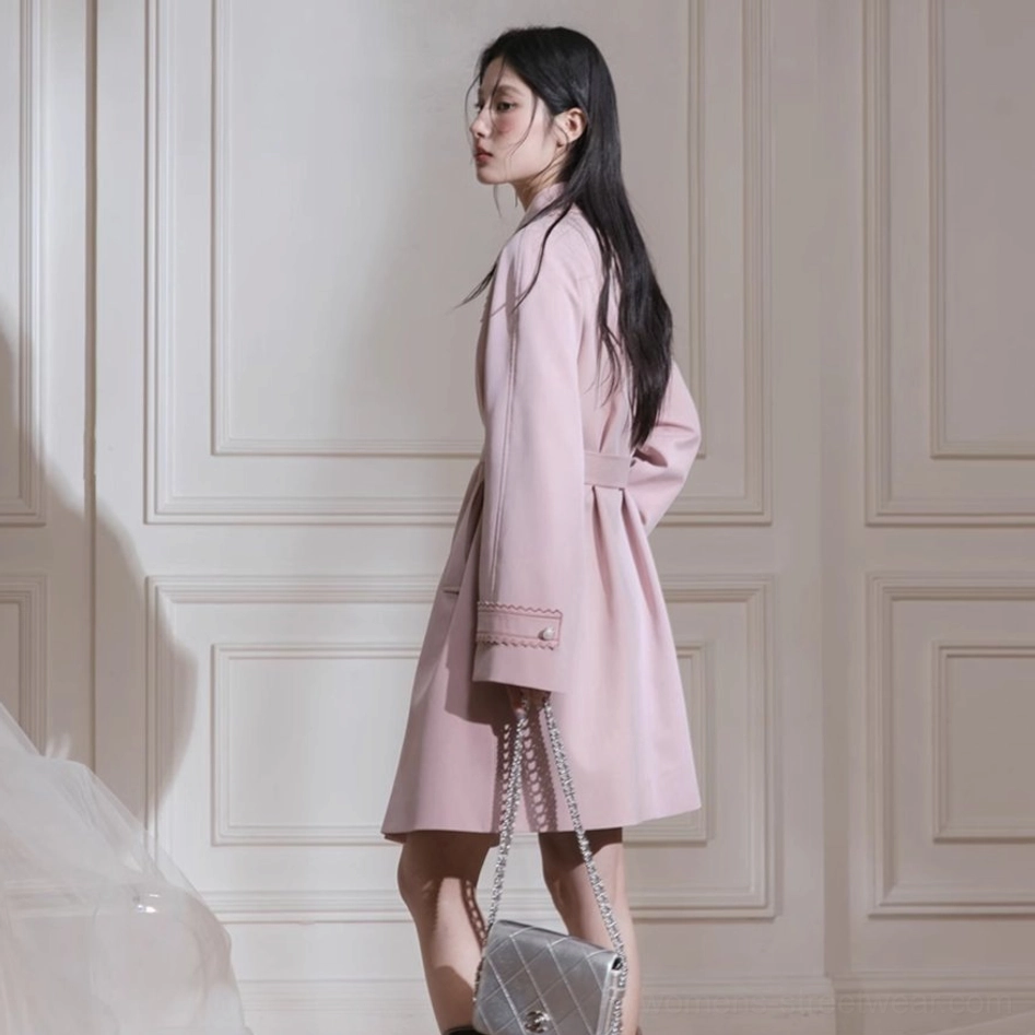 Dusty pink scalloped collar pleated hem belted trench coat with adjustable waist belt