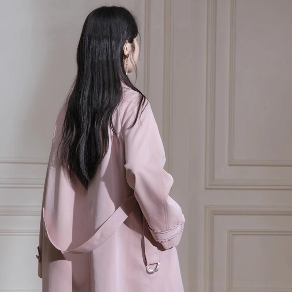 Dusty pink scalloped collar pleated hem belted trench coat soft feminine streetwear style