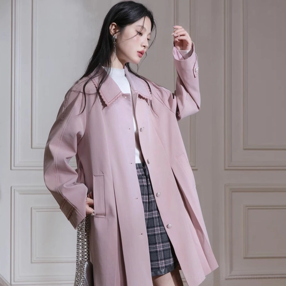 Dusty pink scalloped collar pleated hem belted trench coat elegant Korean fashion outerwear