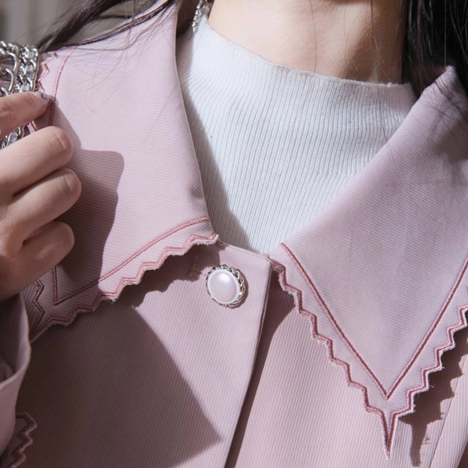 Dusty pink scalloped collar pleated hem belted trench coat premium lyocell blend fabric view