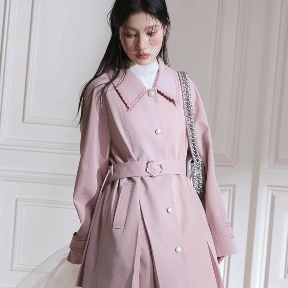 Dusty pink scalloped collar pleated hem belted trench coat modern Seoul style outerwear