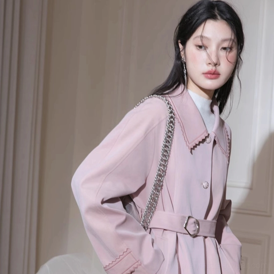 Dusty pink scalloped collar pleated hem belted trench coat single-breasted design view