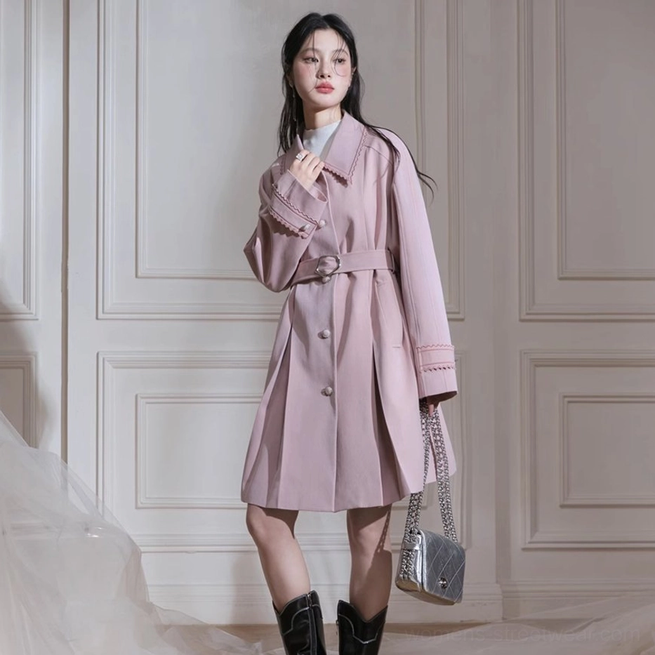 Dusty pink scalloped collar pleated hem belted trench coat Korean streetwear outfit view