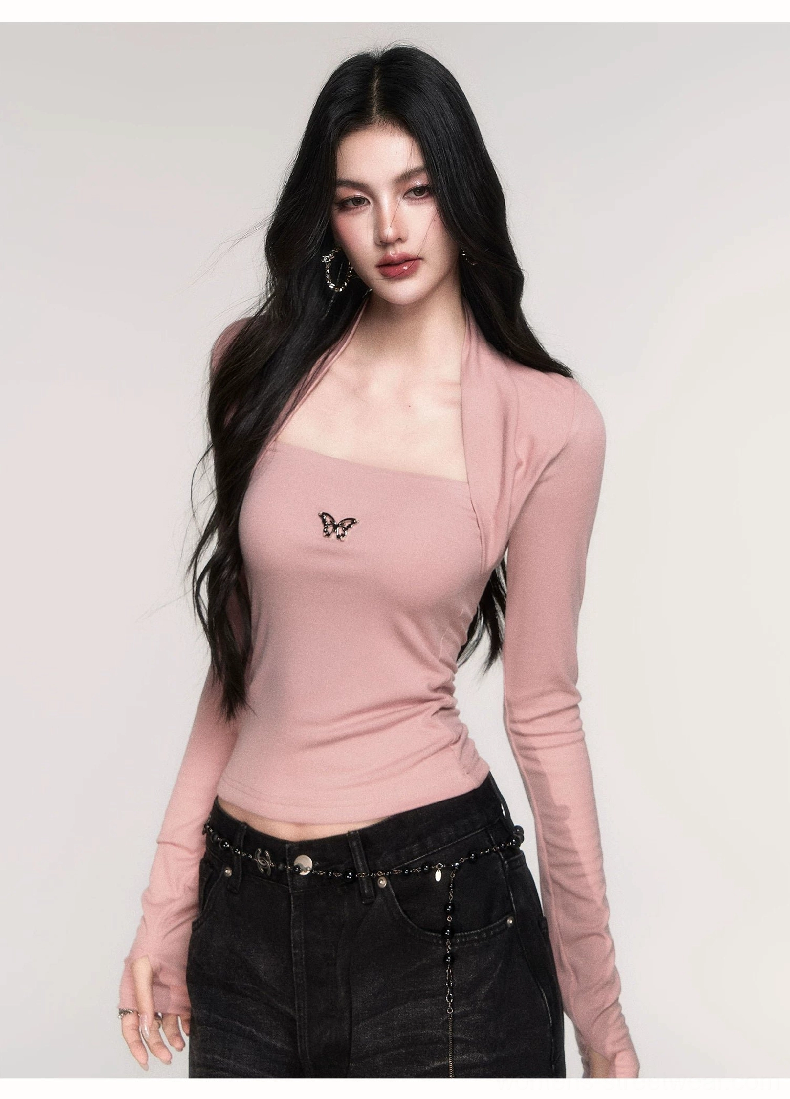 Dusty Pink square neck butterfly knit top in a slim bodycon silhouette with ribbed texture and long fitted sleeves