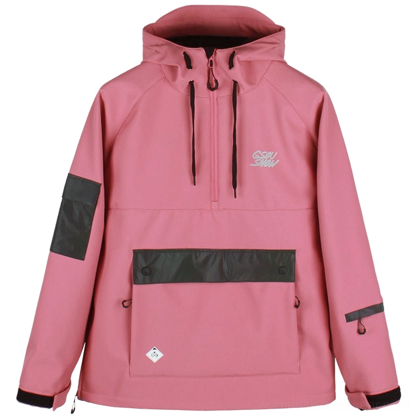 Dusty rose pink unisex ski anorak jacket with black contrast sleeve panels and large front cargo pocket
