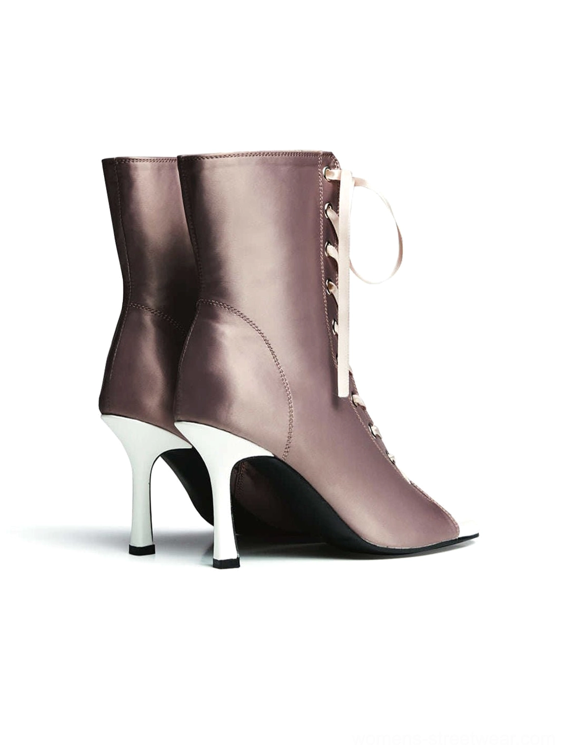 Dusty rose satin ankle stiletto heel shown from the back with smooth finish, lace-up front, and white toe trim
