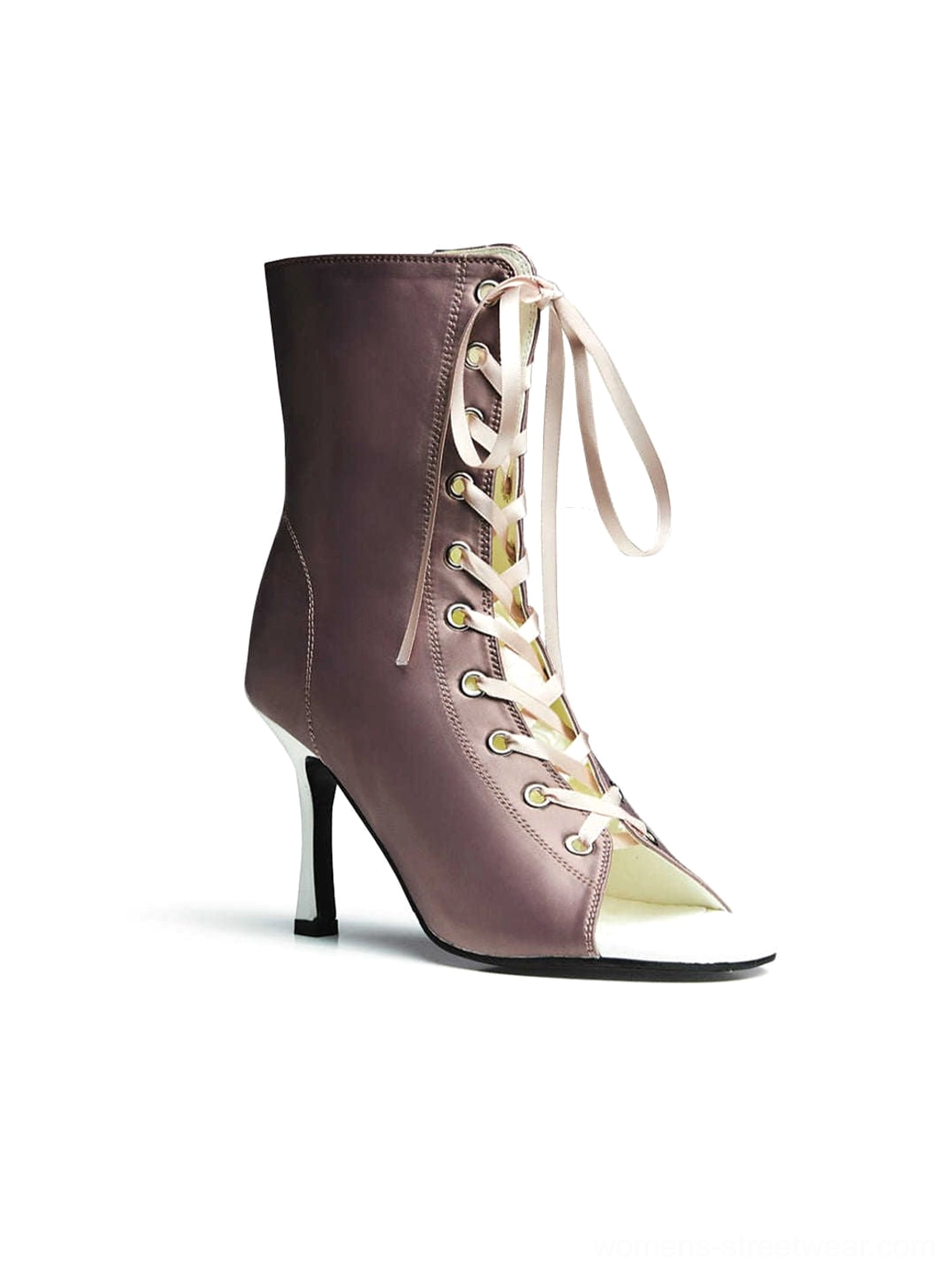 Single dusty rose satin lace-up peep-toe ankle heel shown in front three-quarter studio view