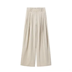 Almond khaki pleated linen-blend wide-leg streetwear trousers shown in a flat front product view with soft neutral color and relaxed silhouette