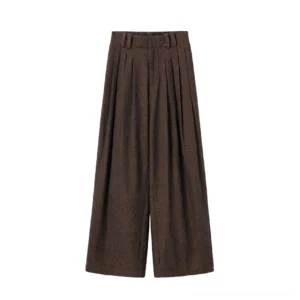 Ebony brown pleated linen-blend wide-leg streetwear trousers shown in a flat front product view with relaxed drape and textured woven finish