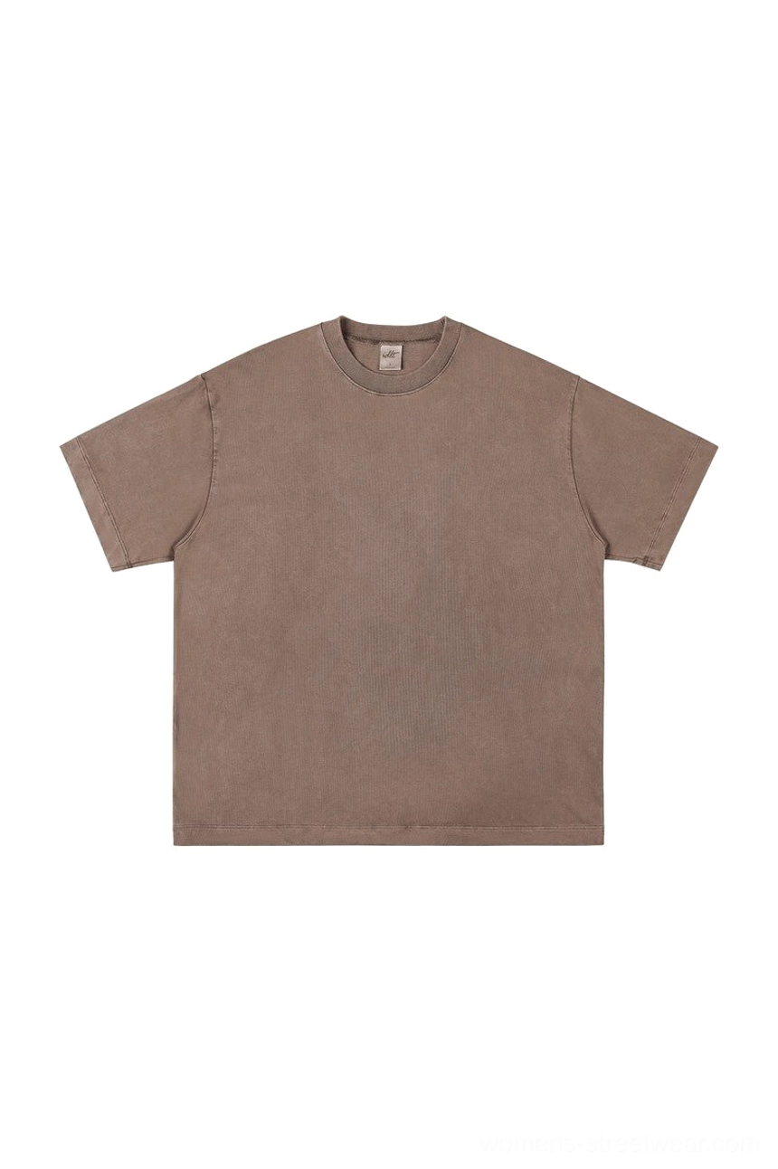 Earthy brown oversized pigment-washed cotton crewneck T-shirt with relaxed boxy unisex streetwear fit