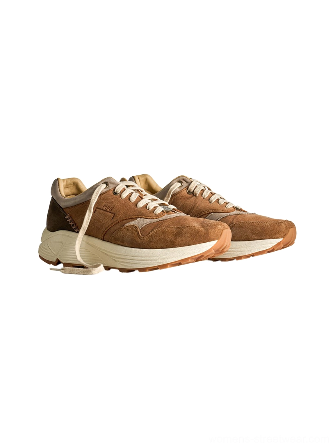 Earthy brown retro sneakers with chunky off white sole for casual Y2K and East Asian fashion outfits