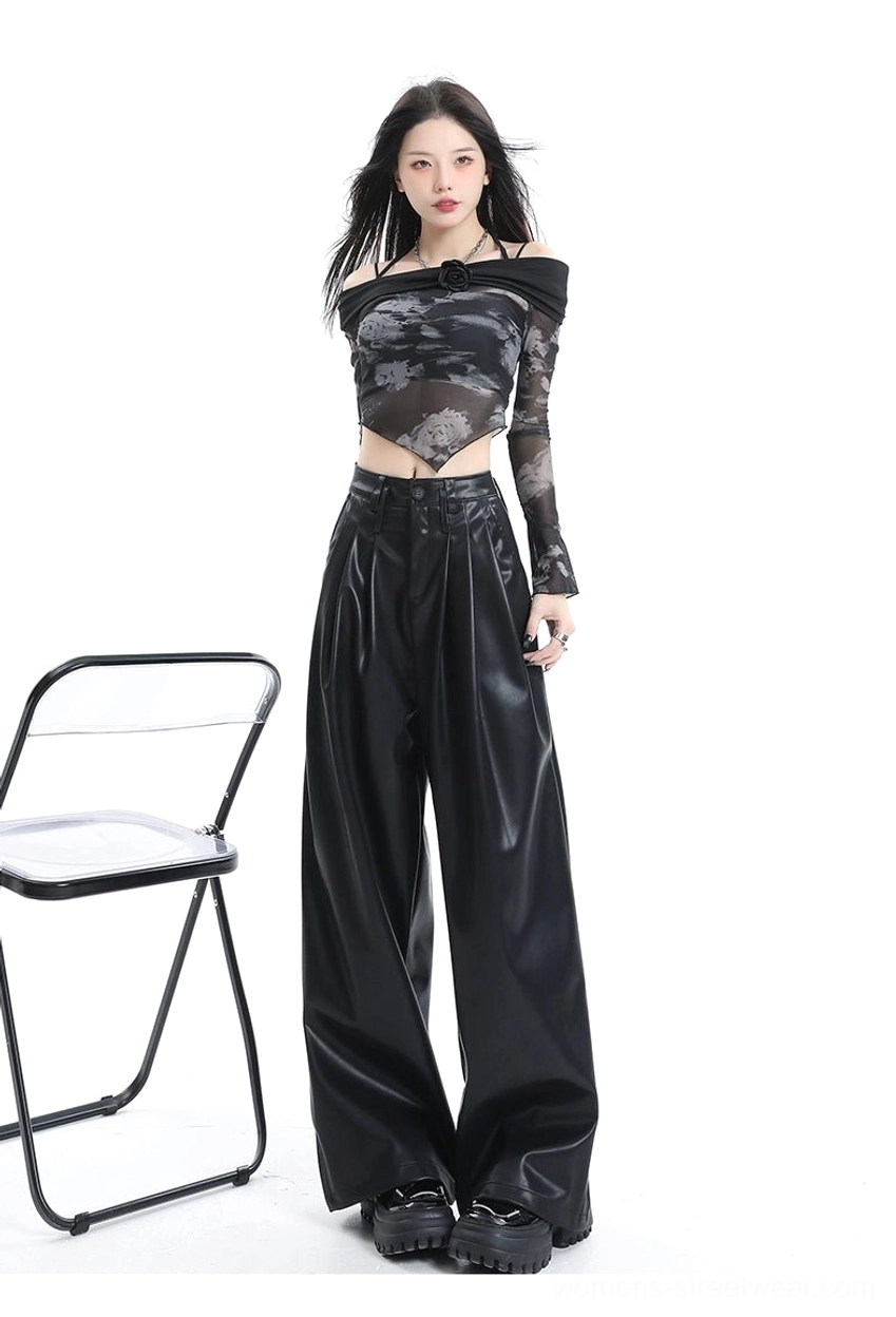 East Asian streetwear coffee brown faux leather wide-leg pants with sleek finish and relaxed utility-inspired silhouette