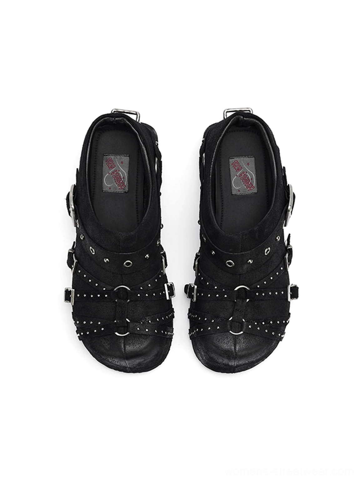 Edgy black closed-toe buckle mules with studded trims, platform sole, and alternative Y2K fashion appeal